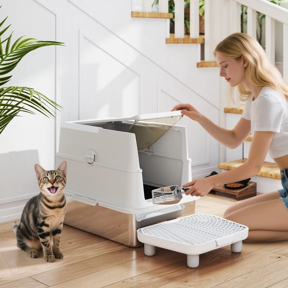 PawHut Stainless Steel Cat Litter Box with Lid, Extra Large Enclosed Metal Litter Box for Big Cats, Flip Cover, High-Sided Enclosure & Scoop
