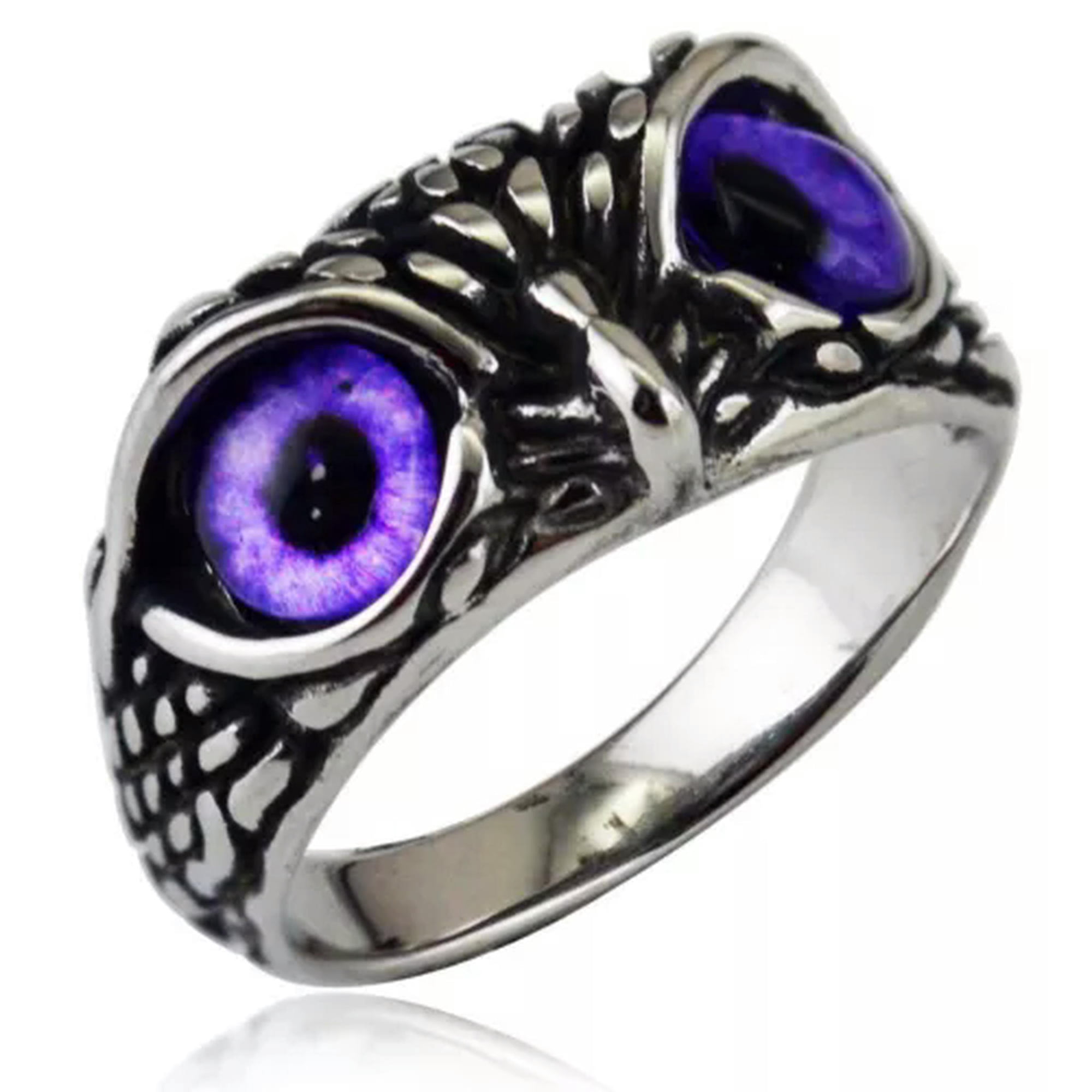 VIVIDELLE Personalized Vintage Halloween Owl Stainless Steel Glasses Rings Size 6-13-8-Silver-Purple