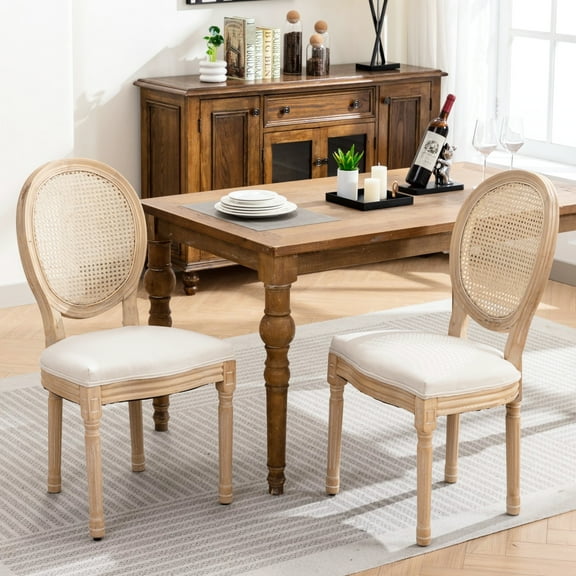 Elegant French Style Dining Chairs, Solid Wood Frame, Linen Upholstery, Back, Soft Foam, Cream Beige Tone Stylish Antique Painted Back Fabric, Color