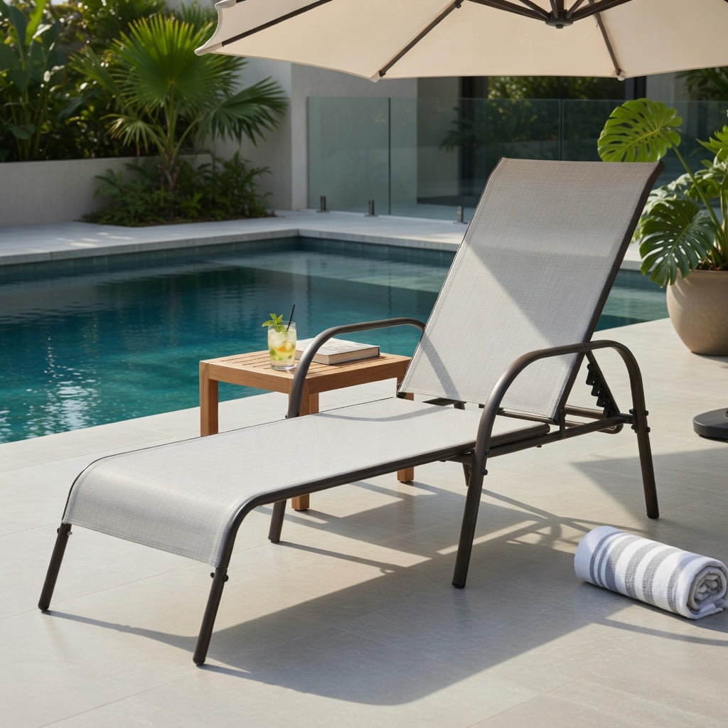 Hommoo Adjustable Folding Patio Chaise Lounge Chair, 5-Position Reclining Backrest, Weather-Resistant Fabric & Powder-Coated Steel Frame, Gray