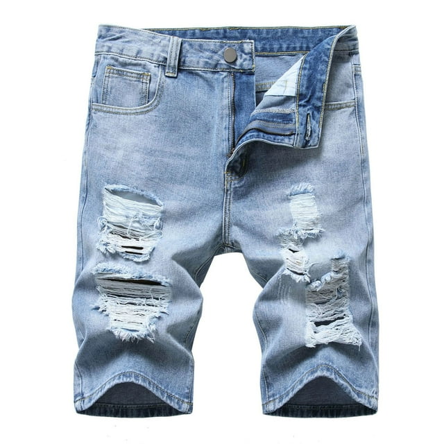 NaWent Men's Shorts Clearance Zipper Elastic Slim Denim Shorts Play Wrap Ripped Mid-length Pants Blue M