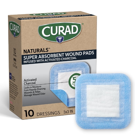 Curad Naturals Charcoal Super Absorbent SAP Wound Pads, 3" x 3", 30 Count