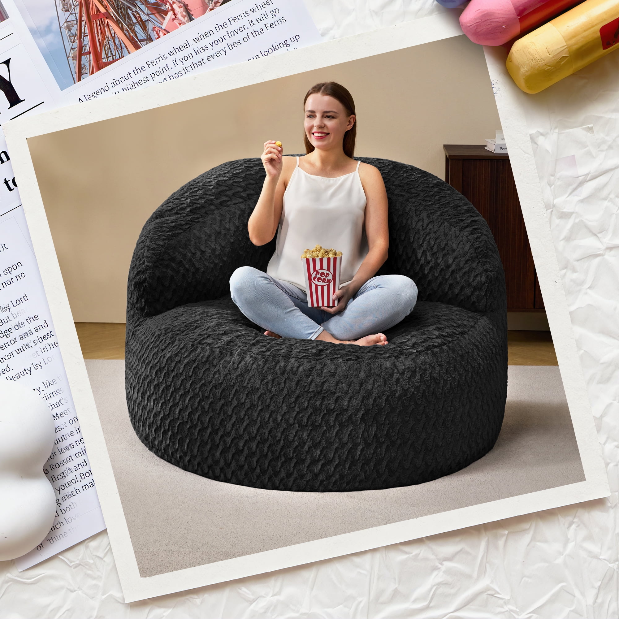 Hobestluk 4FT Bean Bag Chair for Adults with Memory Foam Filler Giant Beanbag with Faux Fur Cover for Bedroom (Chevron Black,Oversize)
