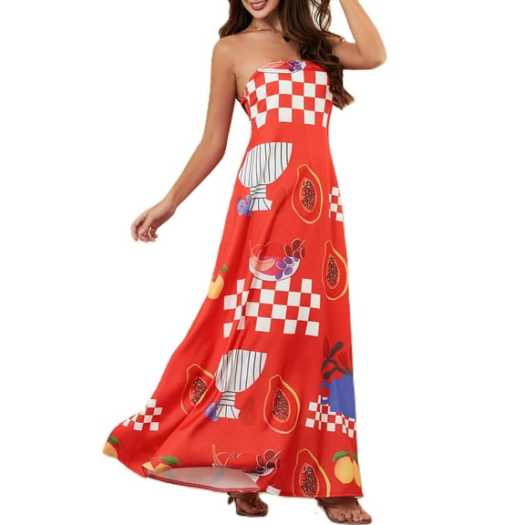 Mevireiy Women Strapless Tube Dress Abstract Printed Flowy Off Shoulder Y2K Beach Bandeau Dresses