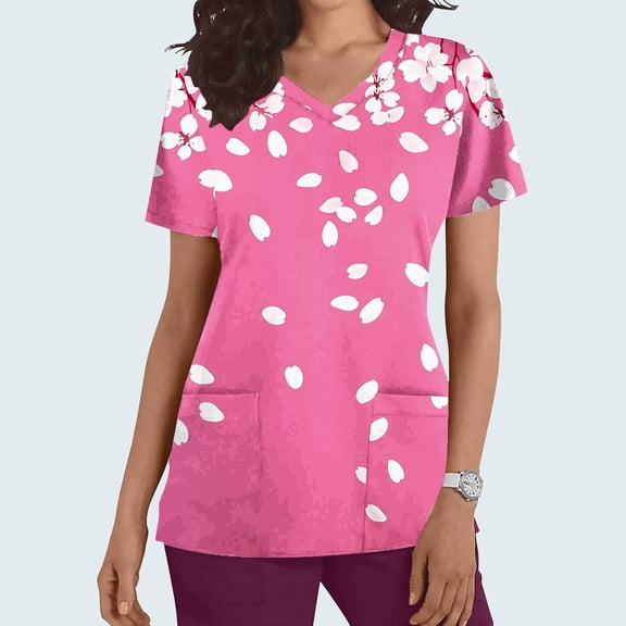 Gamivast Plus Size Womens Scrubs Print V-Neck Short Sleeve Scrub Tops Quick-Dry Breathable Body Scrubs with Large Pockets Medical Shirt