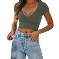 thumbnail image 3 of Mittory Women's Trendy Sexy V Neck Short Sleeve Double Lined Slimming T Shirts Crop Tops Tees, 3 of 7