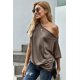 thumbnail image 3 of ABPHQTO Top de corte holgado informal con cuello oblicuo y hombros descubiertos de color albaricoque para mujer, 3 of 5