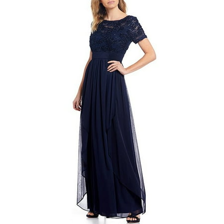 R & M Richards Soutache Short Sleeve Cascade V-Back Chiffon Gown, Navy, 12P