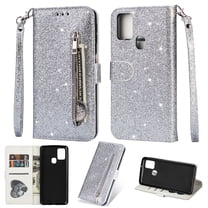 Allytech Glitter Wallet Case for Samsung Galaxy A21s, Bling Sparkly Design PU Leather Kickstand Zipper Pocket Cards Slots Folio Flip Cover with Detachable Wrist Strap for Samsung Galaxy A21s, Silver