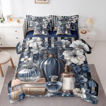 Manfei Girl Perfume 7pcs Bedding Comforter Set,White Flower Floral Queen Bedding Sets,Vintage Theme Queen Sheet Sets For Kids,Ultra Soft Home Decor Reversible