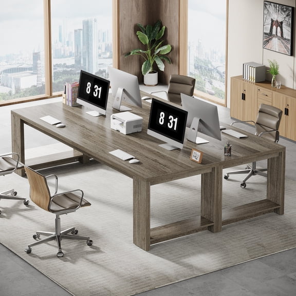 Tribesigns 86.6-inch Extra Long Desk, Wooden 2 Person Desk with Sturdy Legs, Large Double Computer Desk for Home Office, Gray (Set of 2)
