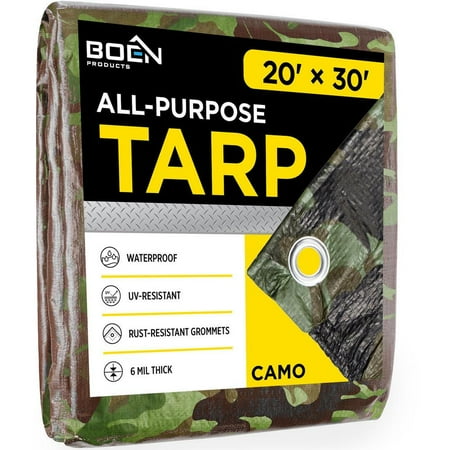 BOEN Multi-Purpose Poly Tarp, 20 ft x 30 ft, 5 Mil Thick, Camo