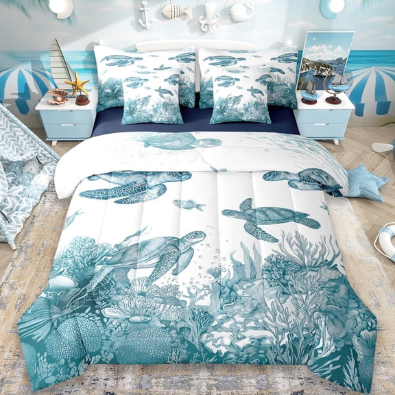 Erosebridal Ocean Animal Turtle 7-Piece Twin Bedding Sets,White Teal Bedding Comforter Set For Girls Boys,Reversible