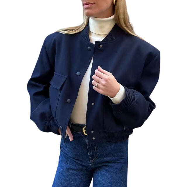 xiaxaixu Women Baseball Jacket, Long Sleeve Button Closure Solid Varsity Jacket with Pockets Fall Clothes