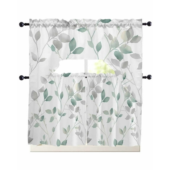 Green Branches Leaves Kitchen Curtains Swag Valance and Tier Curtains Set 36 Inch Length, Spring Summer Botanical Pastoral Rod Pocket Drape Panels Pair Swag Curtain for Bathroom/Cafe/Window