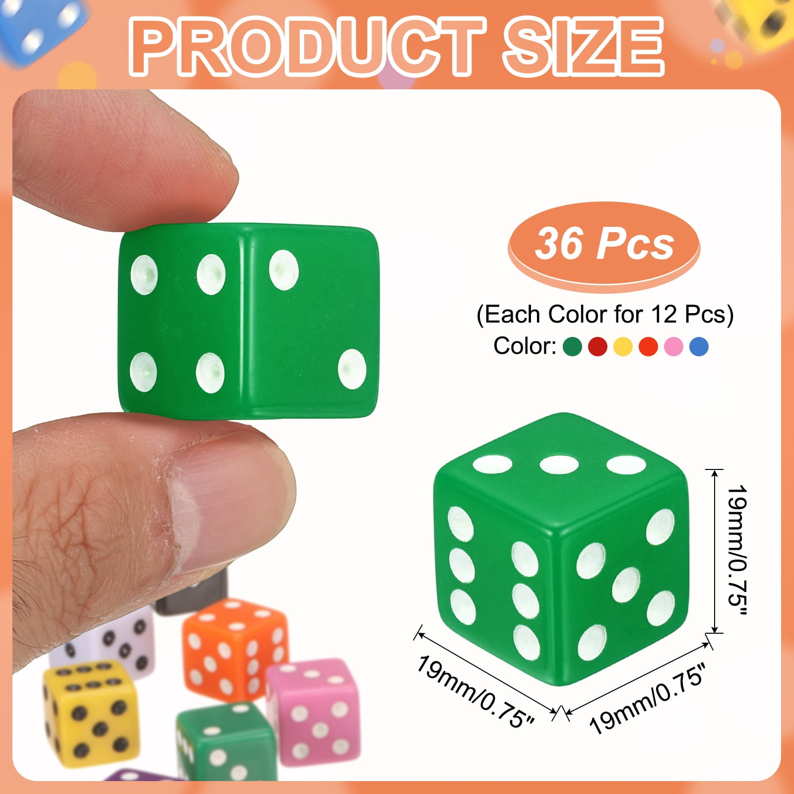 36Pack 6 Sided Acrylic Dice, 19mm/0.75" Large D6 Opaque Game Dice Bulk for Table Board Games Birthday Theme Party Fun Supply, Blue/Red/Yellow/Green/Orange/Pink