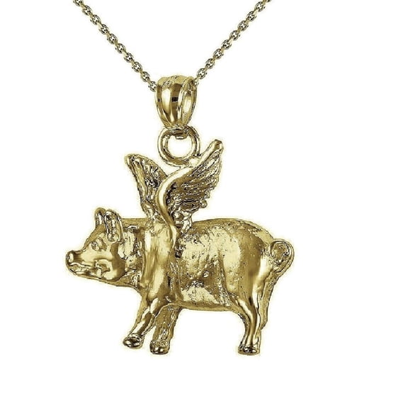 925 Sterling Silver Yellow Gold Plated 1mm Cable Chain Necklace w/ Flying Pig Pendant Charm