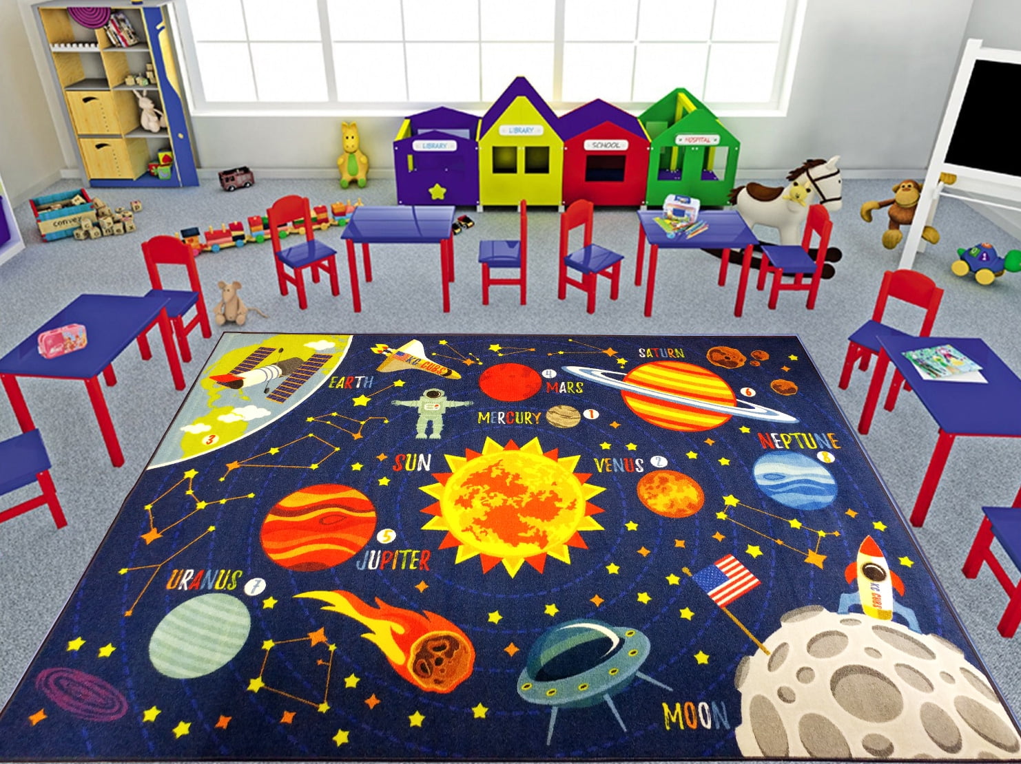 KC Cubs Playtime Collection Multicolor Outer Space Educational 5'x6'6" Area Rug