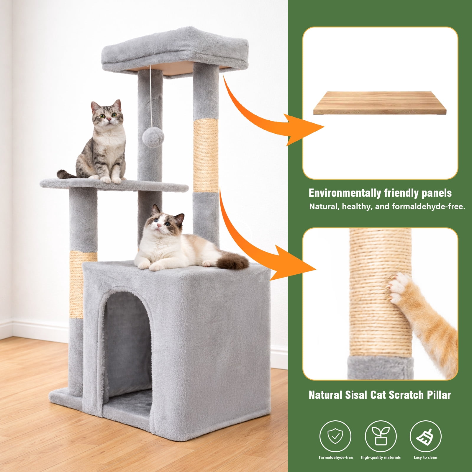 Samll Cat Tree, Multi-Level Cat Tree Tower with Sisal Scratching Posts, Condos, Plush Perches, Hanging Cat Toys, Light Gray