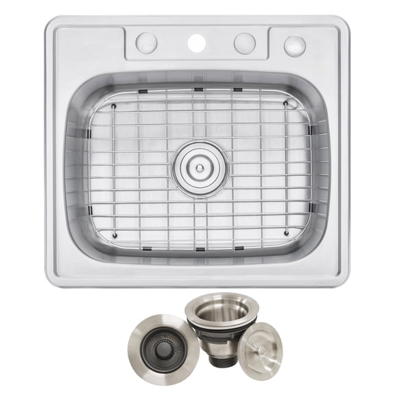 25 Inches. Topmount / Drop-in 18 Gauge Stainless Steel Single Bowl Island / Bar / Prep Kitchen Sink with 9 in. Deep Includes One Pop-Up Strainer/Drain and A Matching Bottom Protective Grid