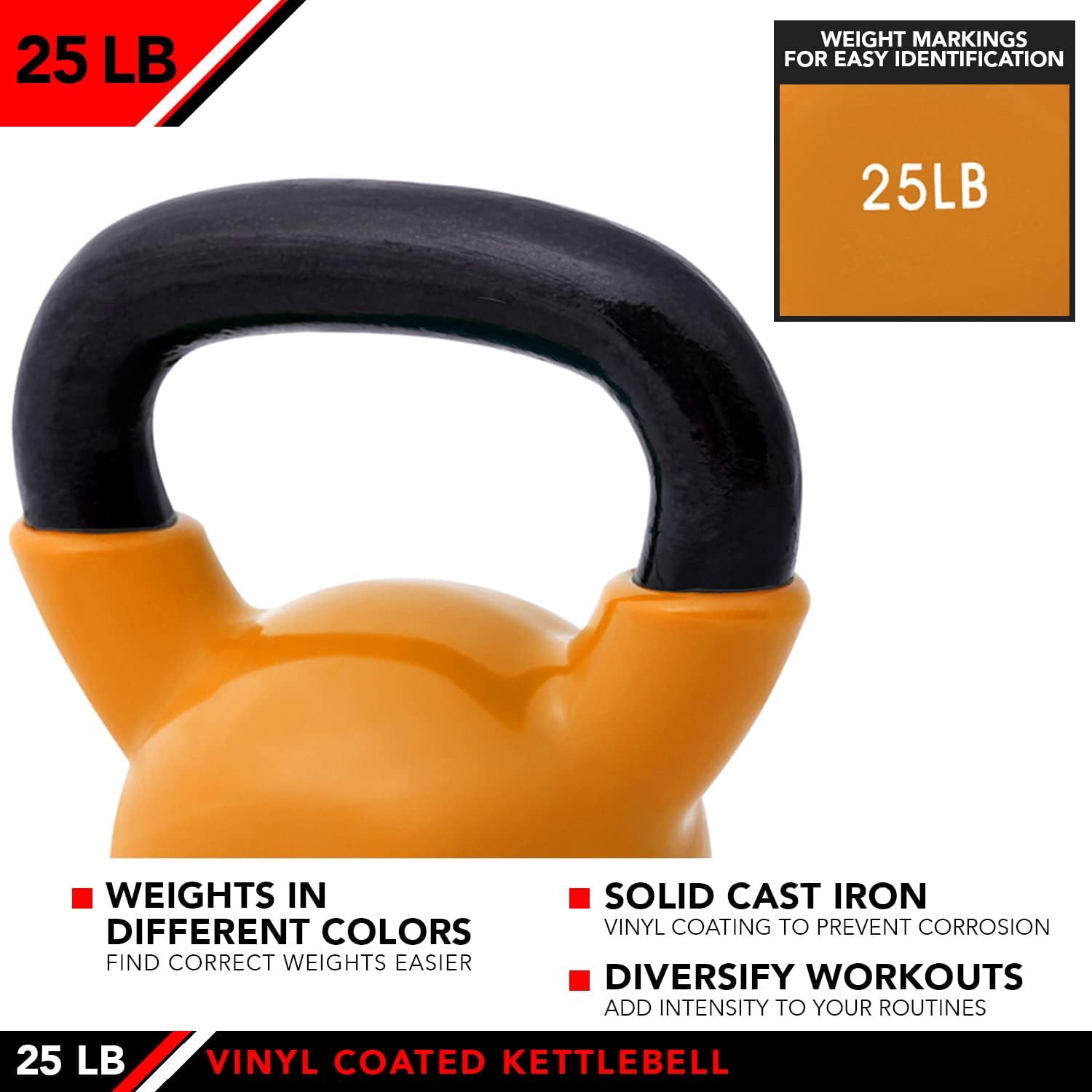 JFIT Kettlebell Weights Vinyl Coated Iron, 25 LB,25LB - Orange