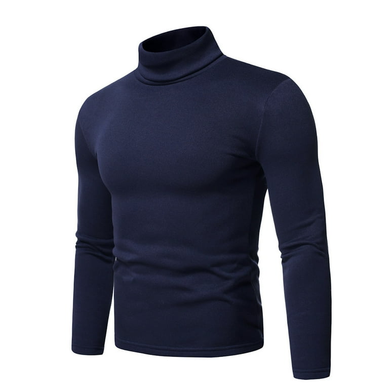 Ploknplq Men's Leisure Compression Shirt Solid Slim Hip Length Turtleneck  Long Sleeve Pullover Style Navy S 