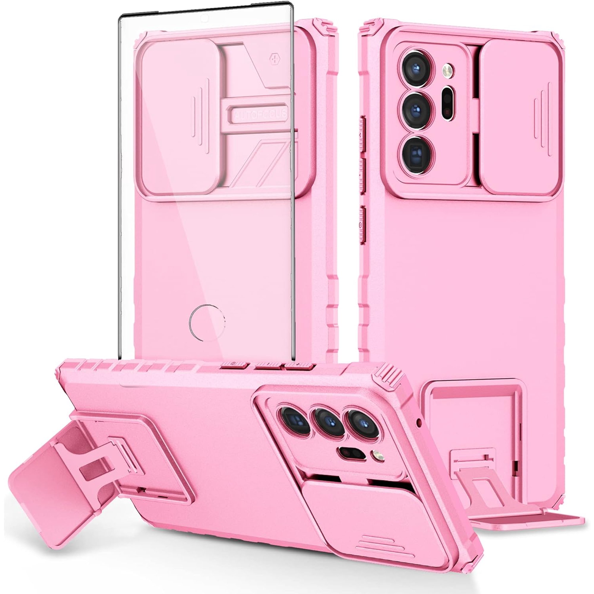 Phone Case for Samsung Galaxy Note 20 Ultra Glaxay Note20 Plus 5G with Screen Protector and Slide Camera Cover Kickstand Cell Gaxaly Notes 20Ultra Note20+ U + 20+ Twenty Not S20 Women Pink