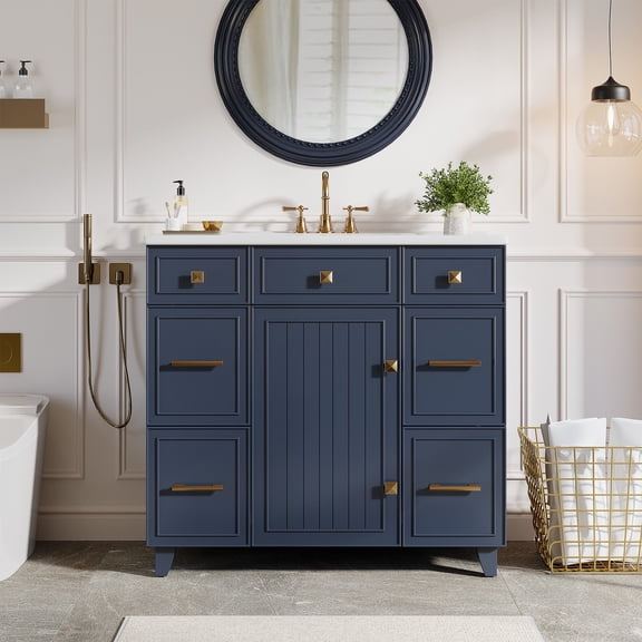 Fnova 36" Solid Wood Frame Bathroom Vanity with Ceramic Sink, Modern Freestanding Cabinet Storage Space Saver for Bathroom, Navy Blue
