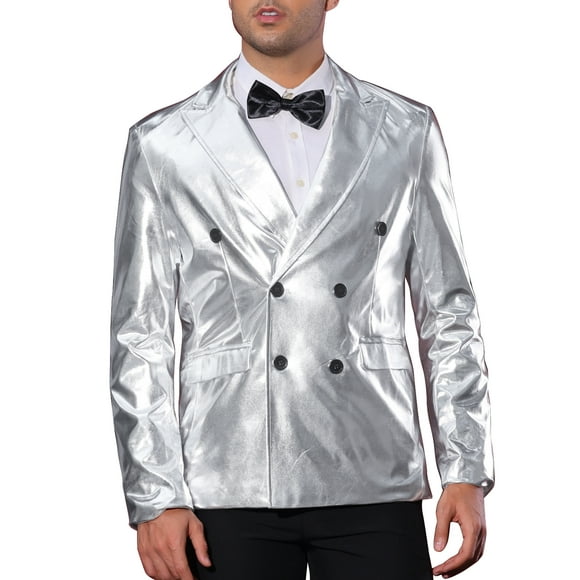 BLAZER BRILLANTE DE HOMBRE INSPIRE CHIC, CON SOLAPA PICO, DOBLE BOTÓN, AJUSTE REGULAR, ESTILO DE FIESTA, TALLA XL, PLATA
