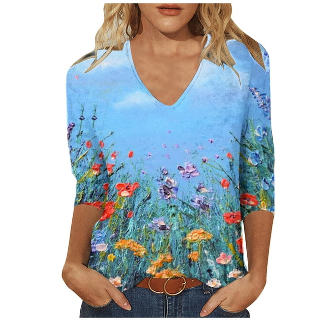 Hauts à Manches 3/4 pour Femmes Mode Féminine T-Shirt Ample Imprimé Blouse à Manches 3/4 Col en V Hauts Décontractés T-Shirts pour Femmes Mode T-Shirts à Manches 3/4 pour Femmes