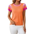 thumbnail image 3 of Women'S Color Block Tops Casual Crewneck Short Sleeve Pullover Sweater Knit Beach Vacation Clothes Orange XL, 3 of 9