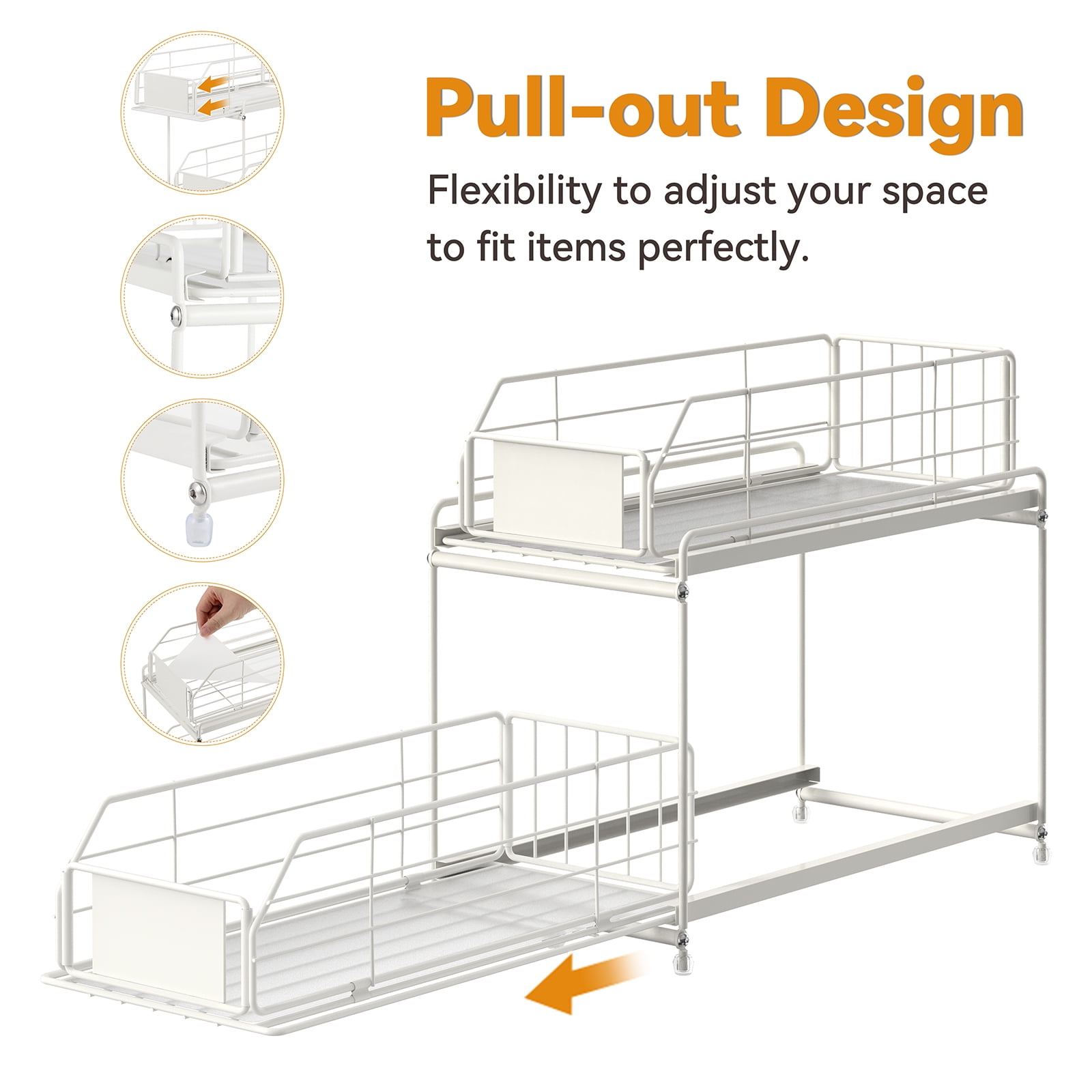 2-Tier Cabinet Storage Organizer Baskets with Sliding Drawer Set of 2, White
