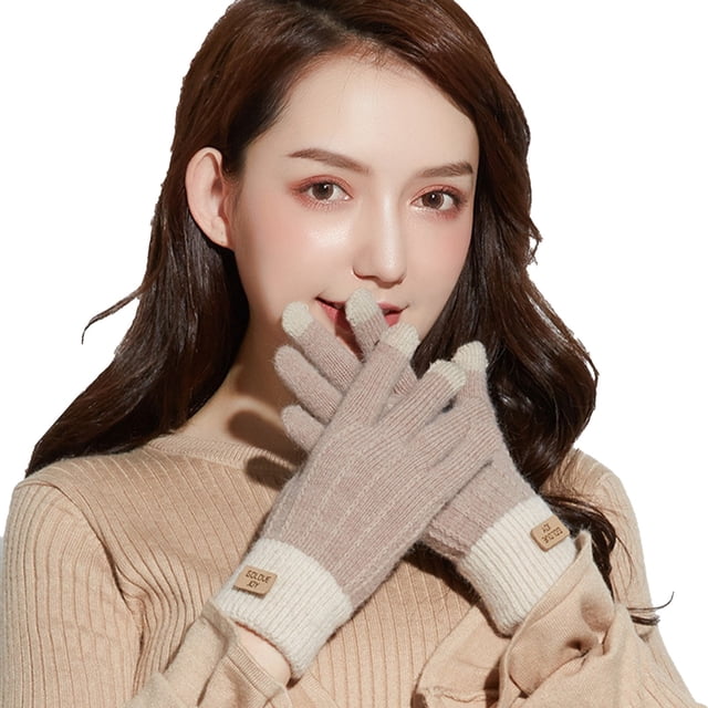 WZXFASHION Ladies' Alpaca Like Knitted Gloves With Fleece Lined Interior Double Layer Wrist Opening And Sensitive Screen Function For Warmth Clothing Shoes & Accessories Khaki One Size