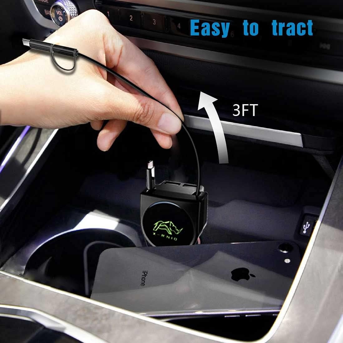 Retractable Car Charger Compatible with iPhone Cell Phone, Fast Charge 2.4A 44W, Retractable Cables (3Ft) and 2 USB Ports Car Charger Adapter, FHDFHD Charger