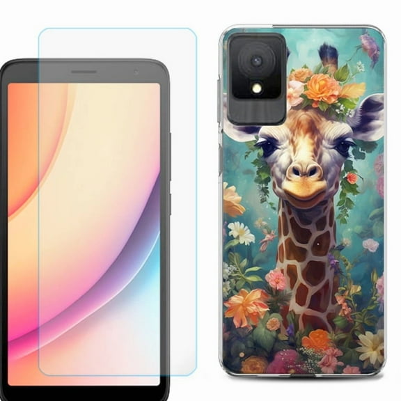 For TCL K11 Phone Case Cover, Shockproof Case with Tempered Glass Screen Protector, by OneToughShield - Giraffe Flower