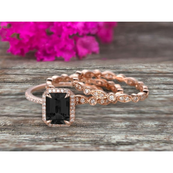 Milgrain Trio Set 7x5mm Emerald Cut 2.75 Carat Black Diamond Moissanite Wedding Set Engagement Ring Anniversary Ring 14k Rose Gold Art Deco Shining Startling Ring