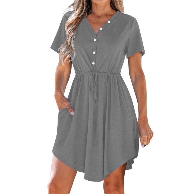 WRKEKC Liquidation d'Été! Robes d'Été pour Femmes 2025, Robes Décontractées pour Femmes, Robe d'Été Décontractée Col en V Manches Courtes Robes à Cordon avec Poches