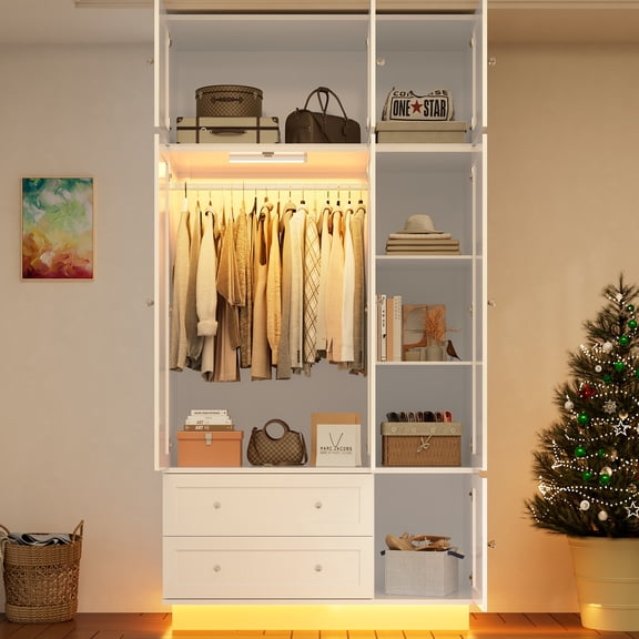ANPOO 93'' Tall 3 Door LED Wardrobe Armoire with Top Cabinet, Motion Sensor Light, Mirror, 2 Drawers & Hanging Rod, Large Storage Armoire, White Wood Clothes Cabinet for Bedroom