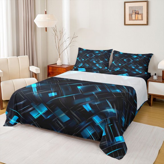 Manfei Neon Geometric Bed Sheets, Gradient Plaid Fuul Size Sheets, Blue and Black, Black Reversible 4-Piece1 Flat Sheet 1 Fitted Sheet 2 Pillowcases