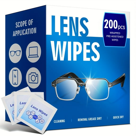 200 Lens Cleaner Wipes - Individually Wrapped Moistened, Fast-Acting for Eyeglasses, Phones, Cameras, Electronics - No Residue
