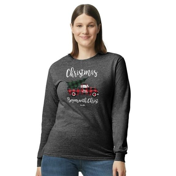 Blessed Girl Womens Long Sleeve T-Shirt Christmas Truck, Charcoal Heather, MD