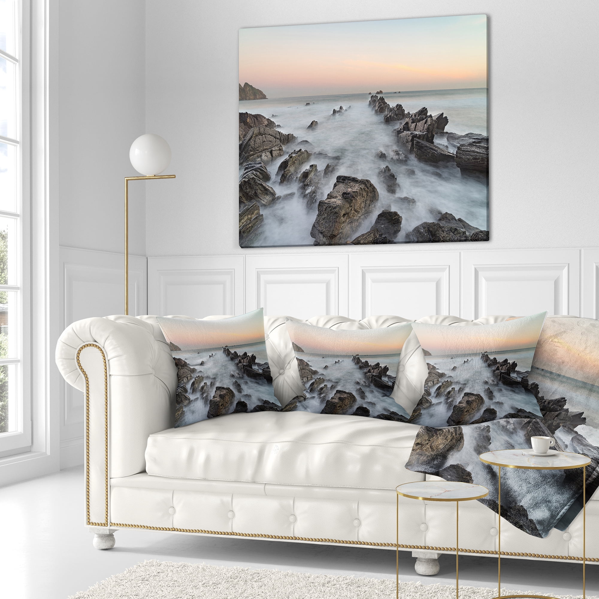 Designart Rocky Beach with White Waters - Modern Seashore Throw Pillow - 18x18