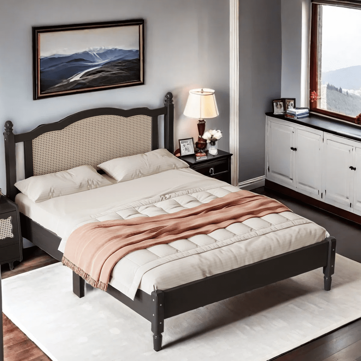 Aukfa Solid Wood Queen Size Bed Frame with Natural Rattan Headboard, Black