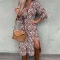 thumbnail image 2 of Lilgiuy Women Casual Split Button Ruffled Hem Long Sleeve V-Neck Mid-Calf Dresses Brown 2022 Fall Winter, 2 of 5