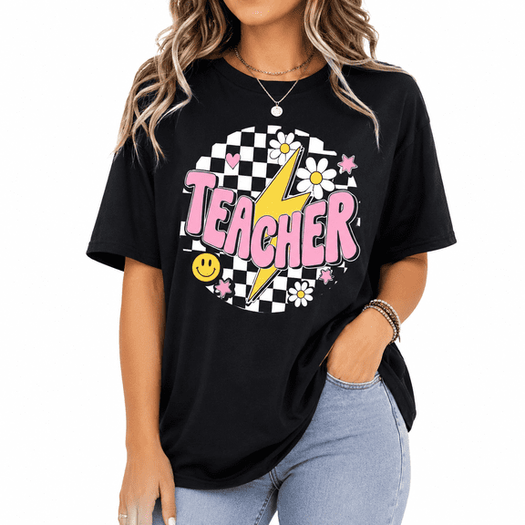 【New Arrival】Women's Teacher Graphic T Shirt Black Short Sleeve Crew Neck Retro Checkered Floral Casual Tee