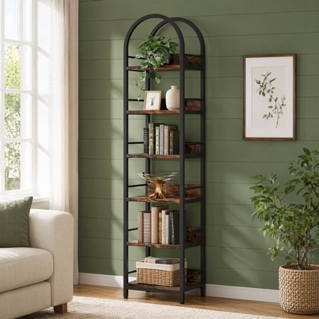 TopComfy 6 Tier Arched Bookshelf Freestanding Corner Bookcase Tall Open Storage Display Organizer Rack with Metal Frame for Living Room Bedroom Home Office Black
