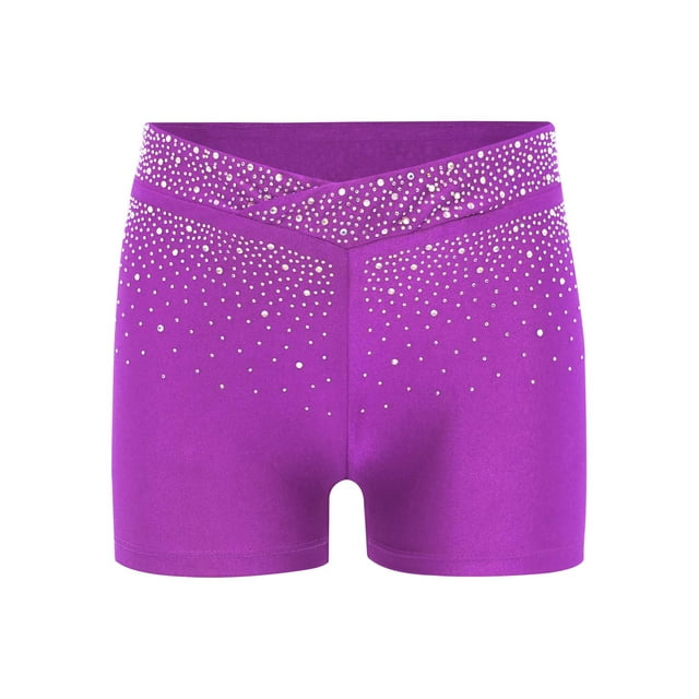 iiniim Kids Girls Shiny Rhinestones V-Front Dance Shorts Gymnastics Ballet Dance Performance Costume Purple 6