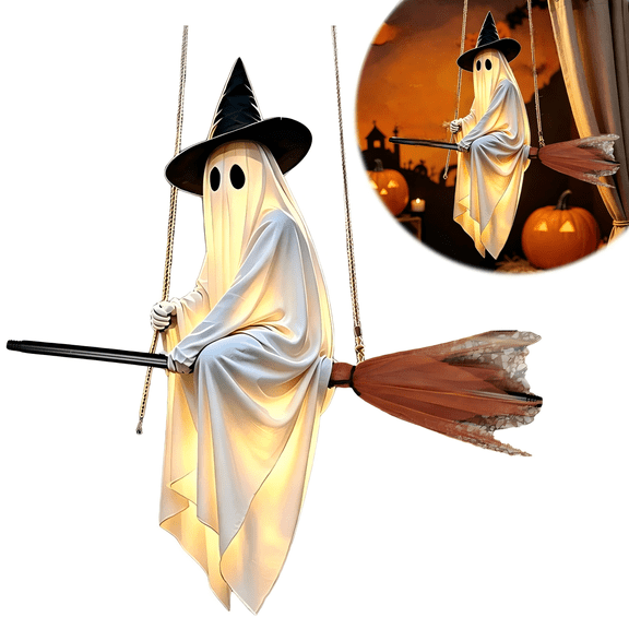 Halloween Hanging Ghost Decor, 4.6Ft Light-Up Flying Ghost on Broomstick with Witch Hat, Cute Outdoor Halloween Decorations for Front Porch Yard Tree