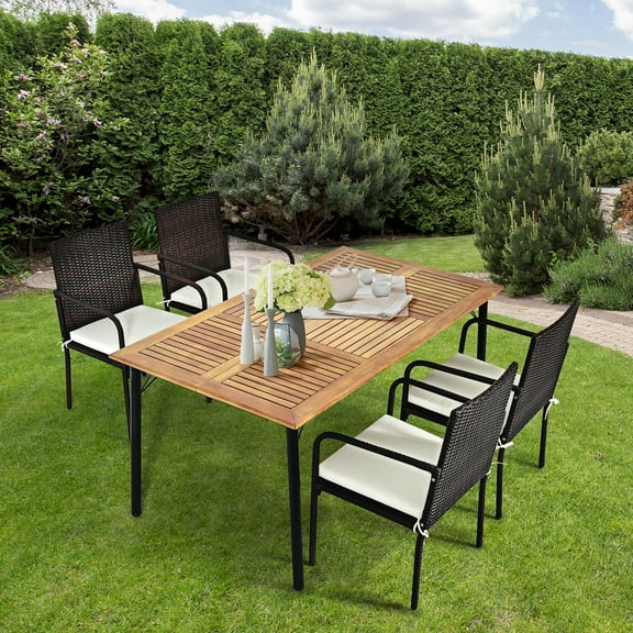 Costway 5PCS Patio Rattan Dining Set Armrest Chair Wood Table Top Umbrella Hole