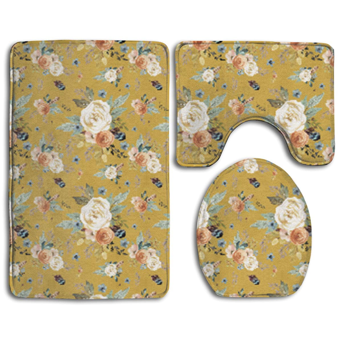 GOHAO Western Autumn Mustard Color 3 Piece Bathroom Rugs Set Bath Rug